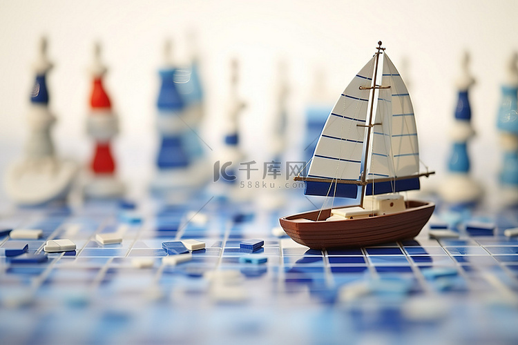 桌子上蓝色帆船旁边的微型玩具