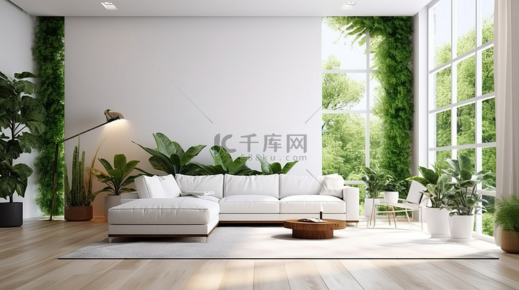 白色沙发和绿色植物装饰的客厅的