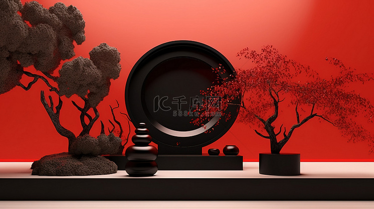 红色圆形背景下黑色抽象日本讲台