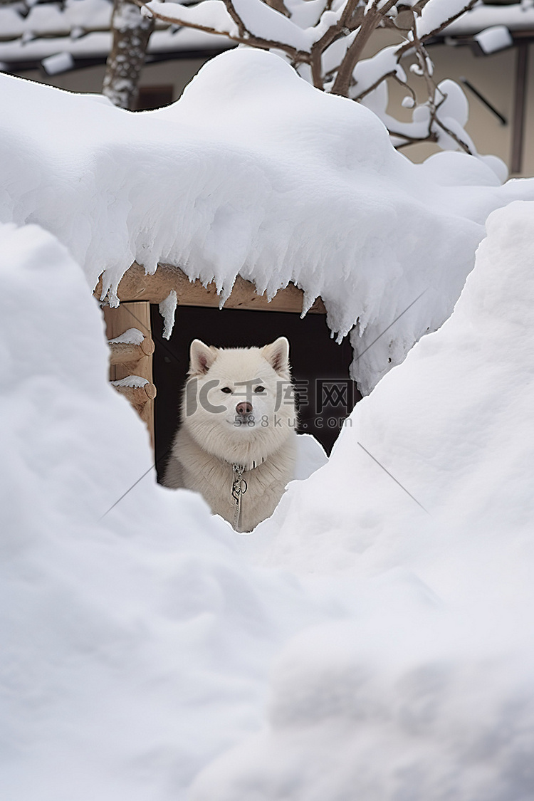 一只白狗在雪覆盖的房子外面