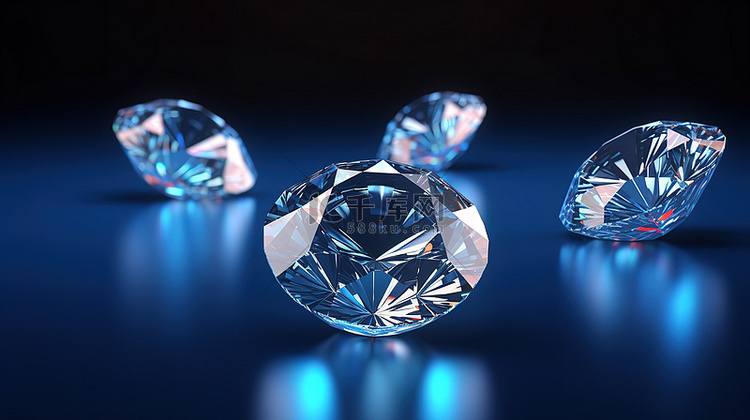 深蓝色背景下的 3D 渲染圆形钻石