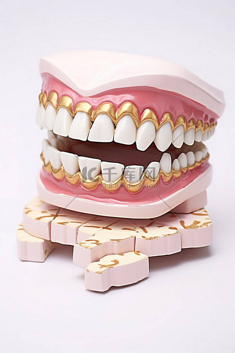 白色背景上散布着碎牙的牙齿模型