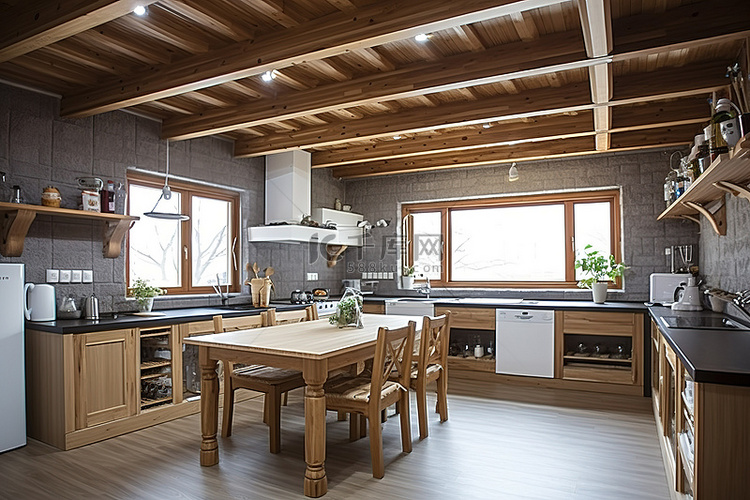 厨房设有木横梁天花板和桌子