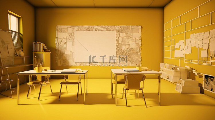 带 3D 渲染白板的金墙教室