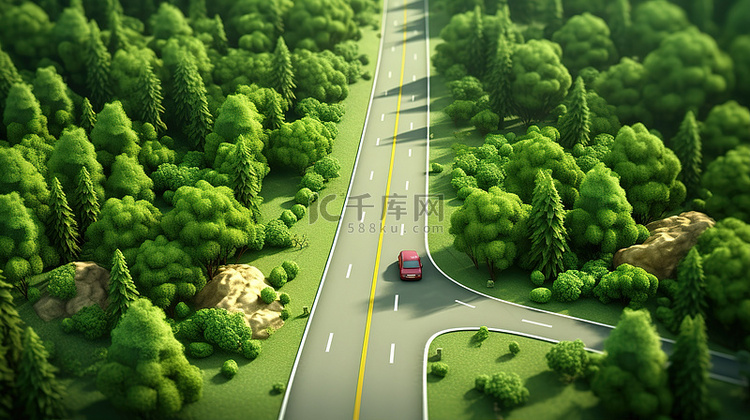 风景优美的森林道路的 3D 等