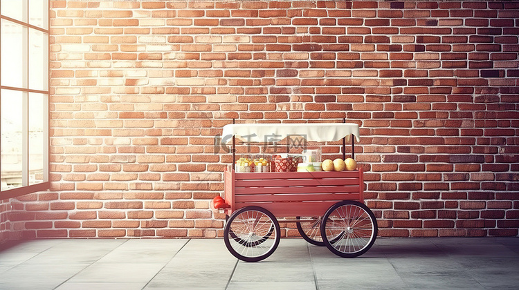 3d 渲染的冰淇淋手推车靠在砖