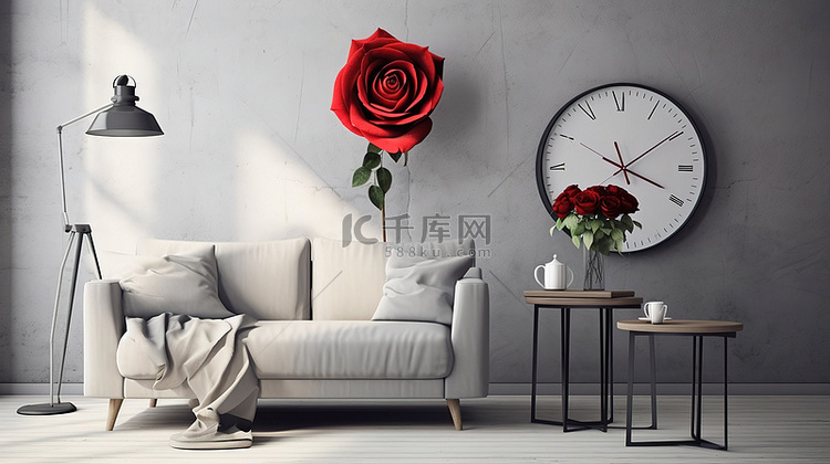 乳白色的椅子和红玫瑰突出了灰色