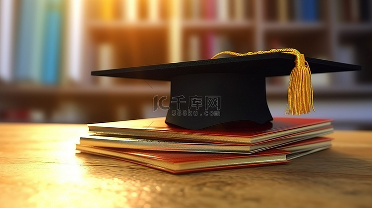 教育和学术毕业帽概念的 3D 渲染