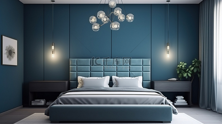 时尚的卧室设计，蓝色色调，巧妙