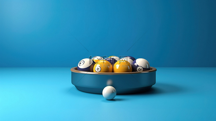 蓝墙台球桌上球杆和球的 3D 渲染