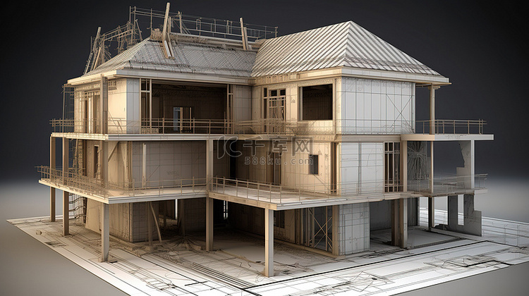 在建房屋的 3D 模型下的蓝图