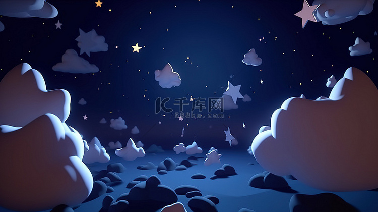 垂直的夜空与 3d 渲染的卡通