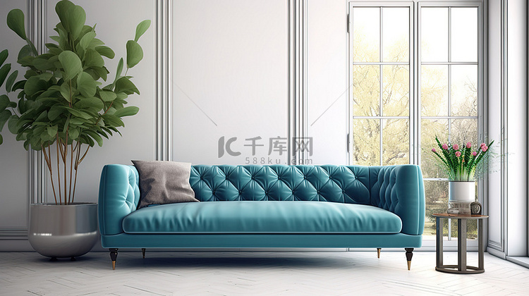 现代客厅配有蓝色沙发和白色墙壁
