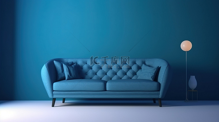 舒适的 3D 沙发位于蓝色家居