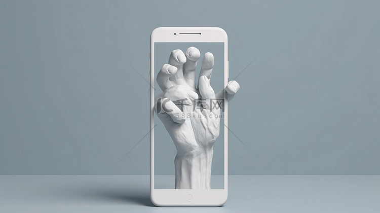 两只雕刻的手拿着手机的 3D 