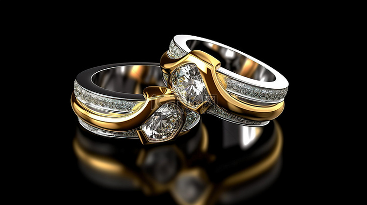 黑色背景上孤立夫妇的金银钻石戒