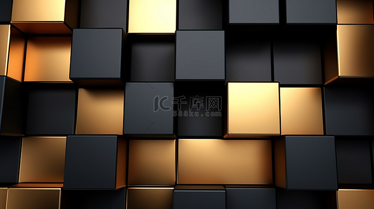 黑色和金色的 3D 方形墙非常