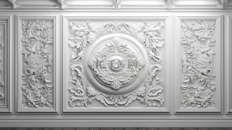白色古典图案模具木墙豪华 3D