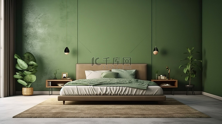现代卧室设计，以绿色墙壁和特大