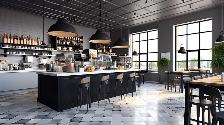 现代咖啡厅厨房内饰以 3D 渲