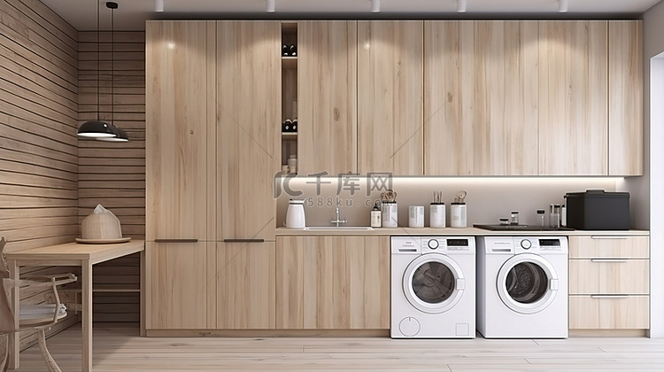 3d 木渲染的现代厨房和洗衣房