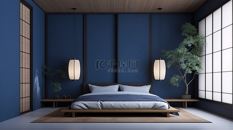 日本主题蓝色卧室内饰，配有禅宗