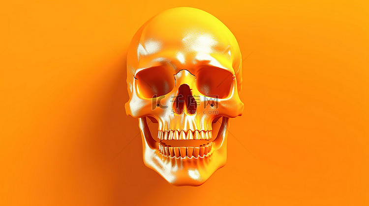 单色头骨的橙色背景 3D 渲染