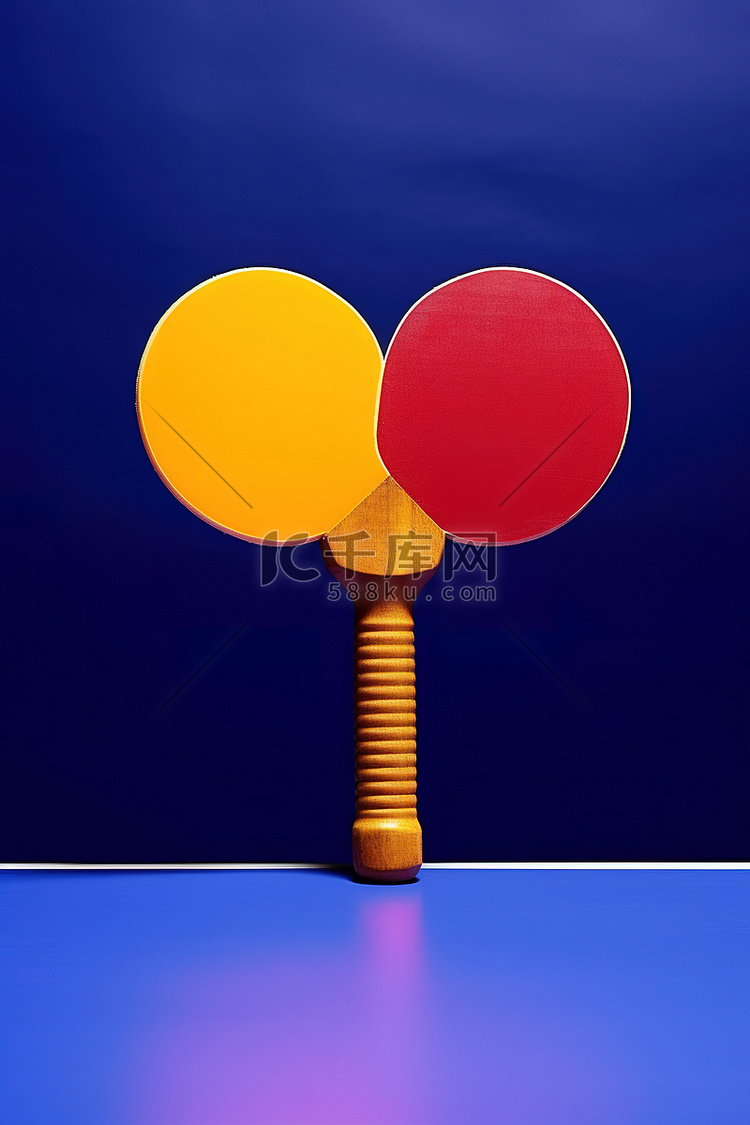 乒乓球拍和蓝色的黄色球