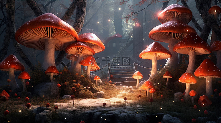 神奇森林村庄中迷人的蘑菇屋，被