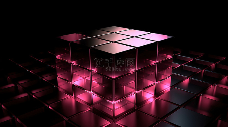 黑色背景下抽象粉红色立方体的 