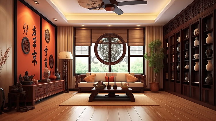 中国传统风格房间内部的 3D 渲染