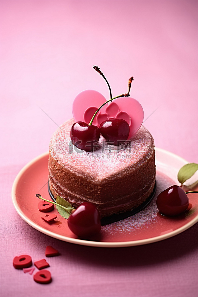 情人节蛋糕，上面有一颗樱桃，粉