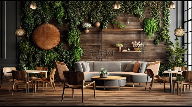 咖啡厅或客厅花卉装饰的 3D 渲染
