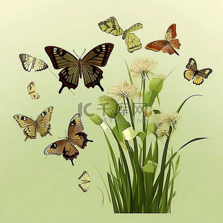 地上有很多蝴蝶和花