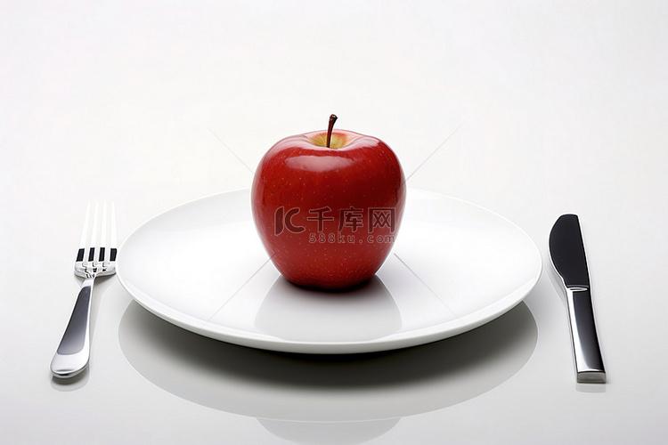 一个红苹果放在叉子和刀旁边的盘