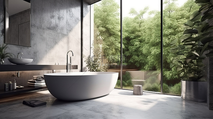 现代浴室配有宽敞的窗户和光滑的