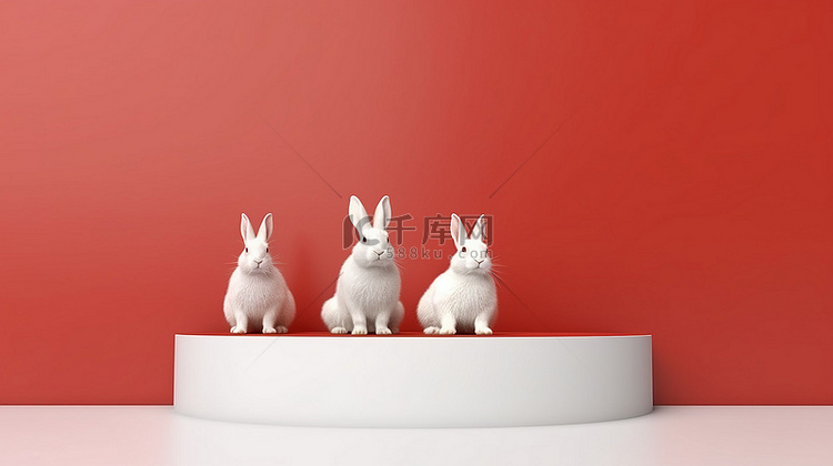 讲台上红白兔的 3D 渲染，有