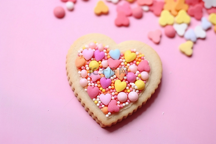 粉红色的心形饼干，上面有彩色糖