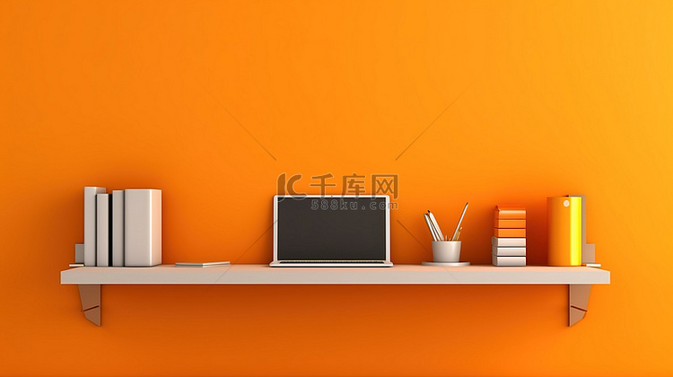 带电脑的垂直橙色墙架的 3D 插图