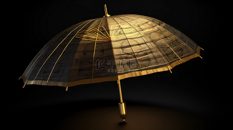 黑色背景孤立的金色雨伞的 3d