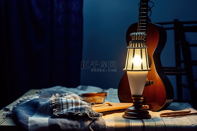 蓝色布和乐器旁边的一盏灯和一个