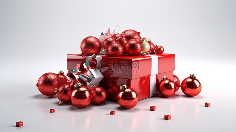 3D 渲染的圣诞红色礼盒，白色