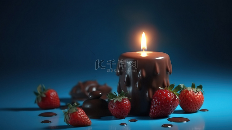 蓝色背景中的烛光 3d 草莓巧克力