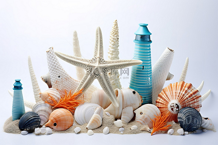 白色背景中的许多海洋生物玩具贝