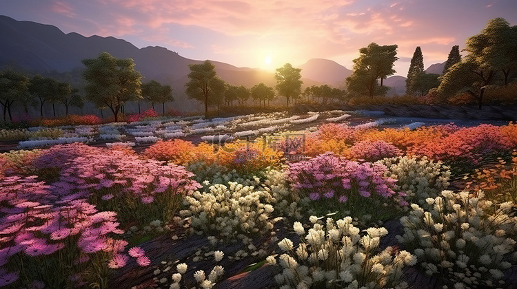 黄昏期间花卉种植园景观的 3D