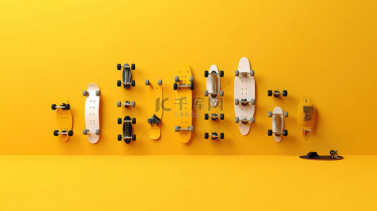干净的滑板系列在黄色背景 3D