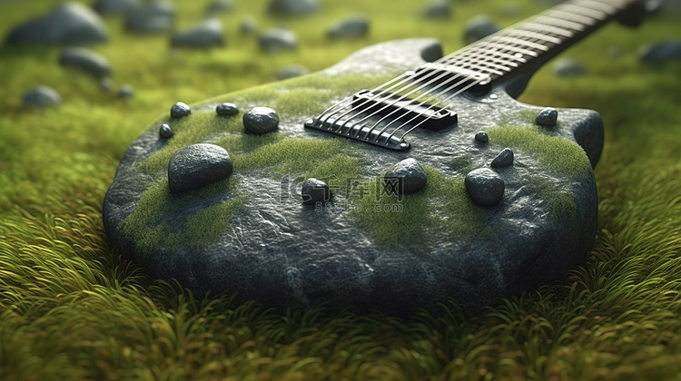 草地景观与 3D 岩石插图