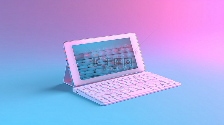 粉色和蓝色背景下平板电脑和键盘