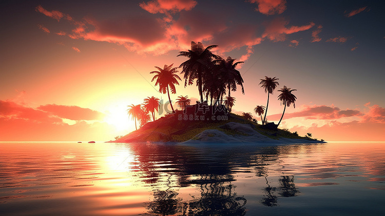 3d 棕榈树岛的日落天空轮廓