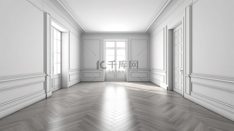 朴素的白色房间，配有镶木地板门